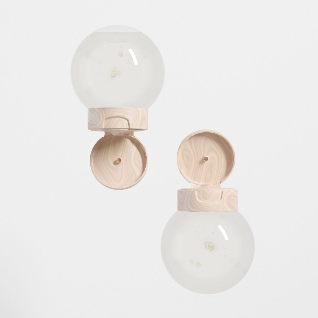 Rounded shape bottle with flipcap mockup, inverted liquid bottle mockup, clear plastic lotion container, Upside Down Squeeze Bottle with wooden cap closure packagings, orbit shape packagings