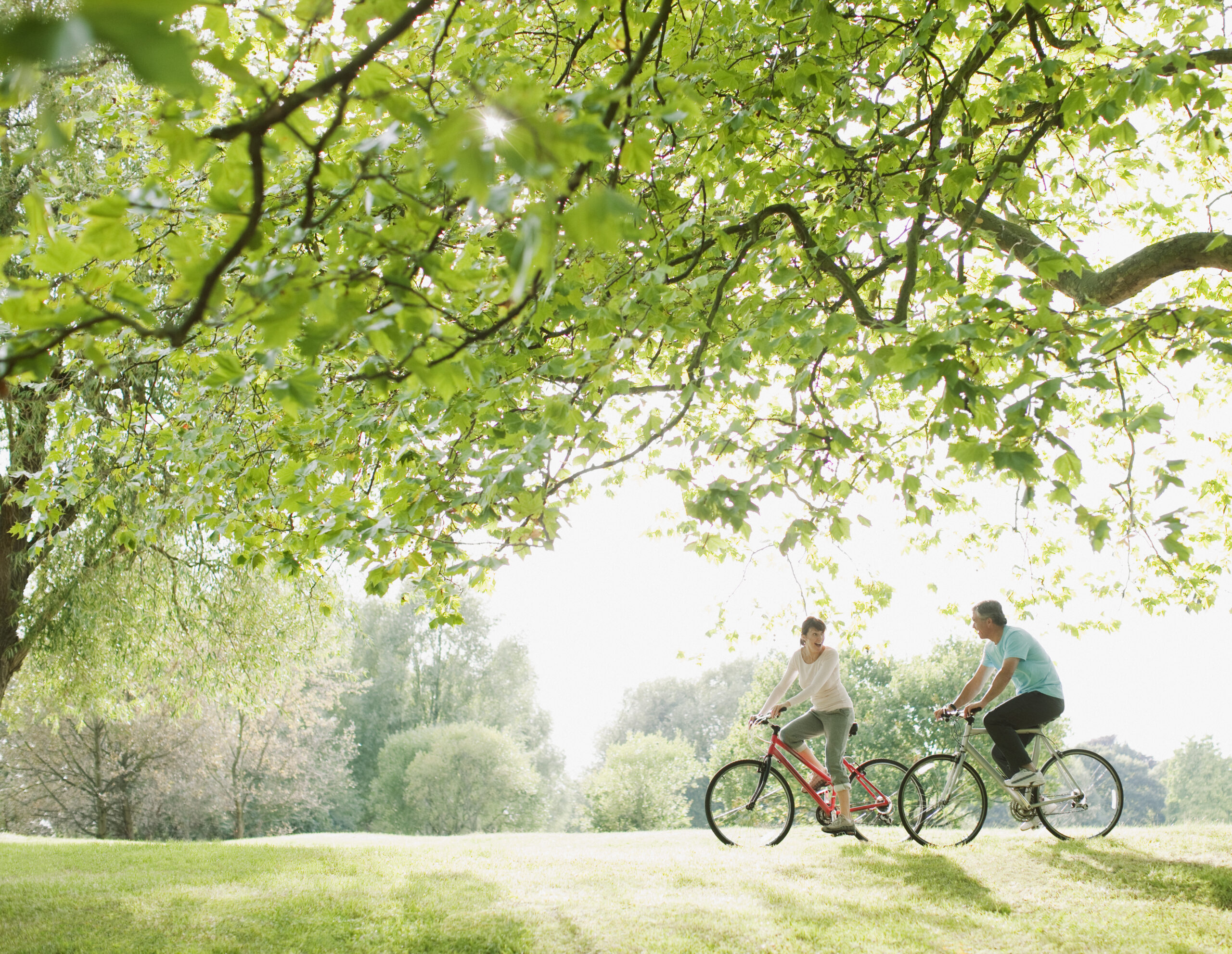 Couple riding bicycles in a sunlit park representing active healthy living
